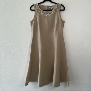 Coldwater Creek Beaded Tan‎ Knee Length Lined Linen Blend Dress Women’s Size 10